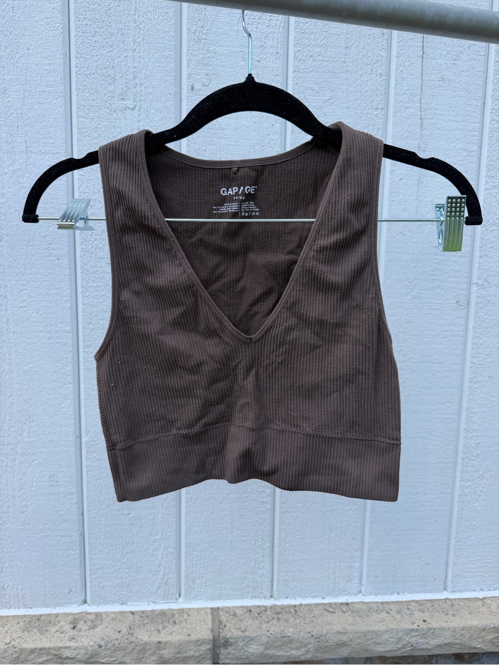 Garage Brown Ribbed V-Neck Crop Top / Sports Bra - Size XS not padded soft knit - Picture 3 of 7